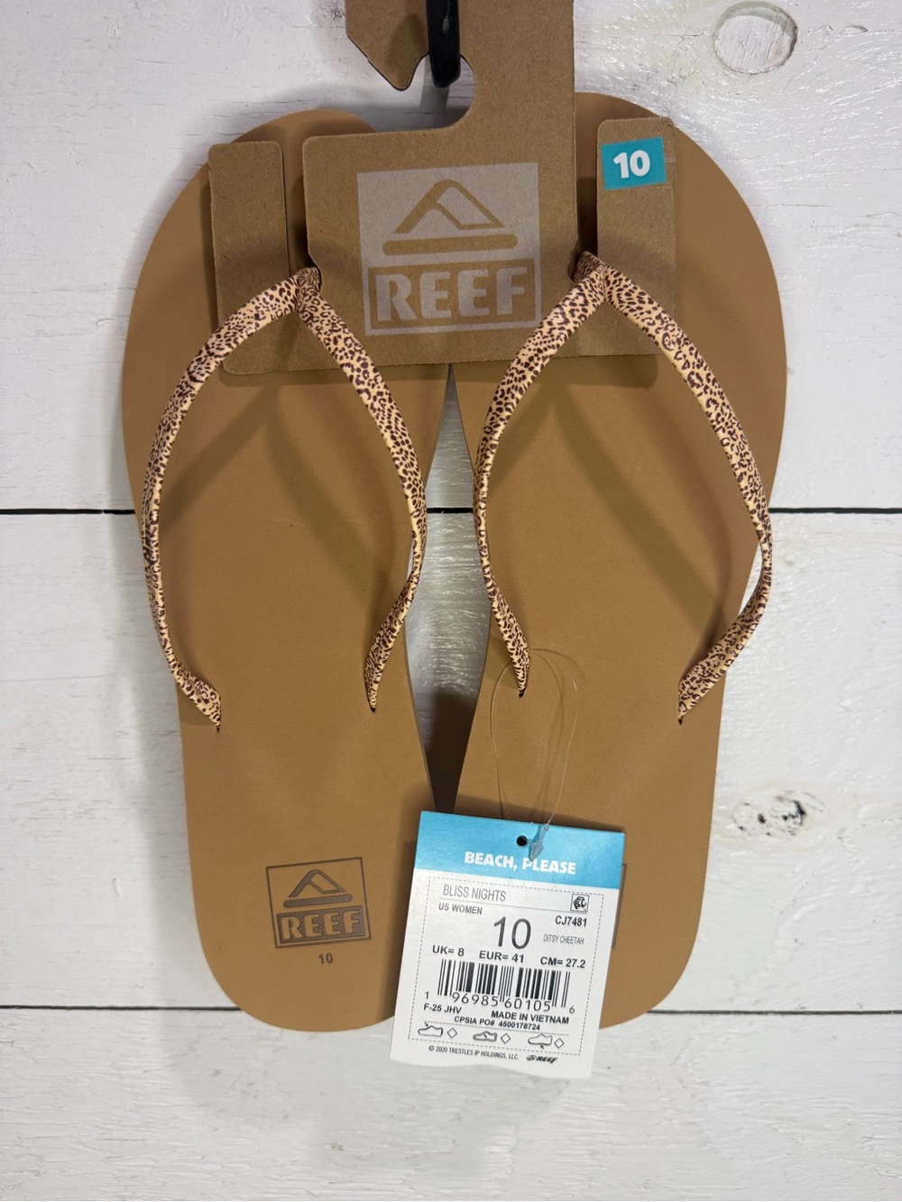 New Reef Women’s Bliss Nights Flip Flop Sandals Comfort Leopard Tan Sz 10 Beachy